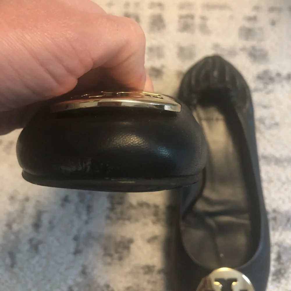 Tory Burch Black Leather Logo Ballet Flats with Gold Medallions